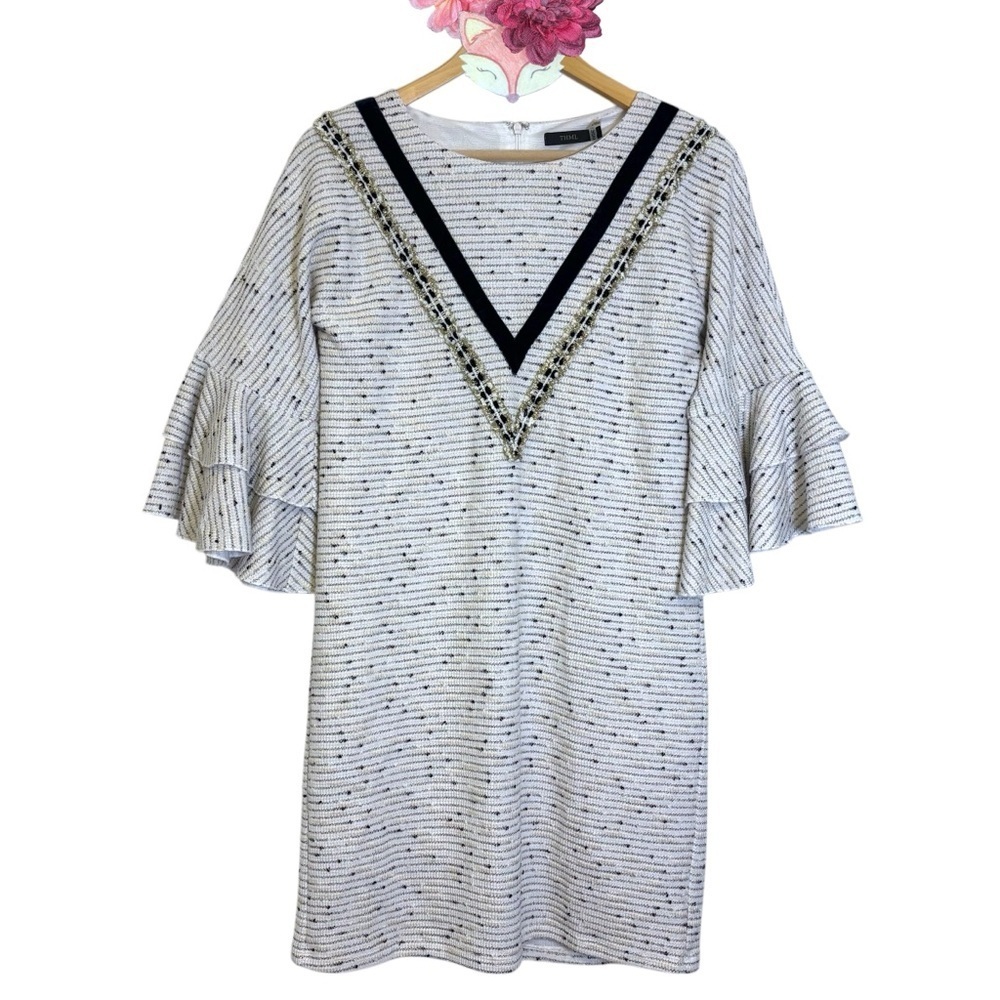 THML dress navy white textured stripe ruffle sleeve metallic detail size small